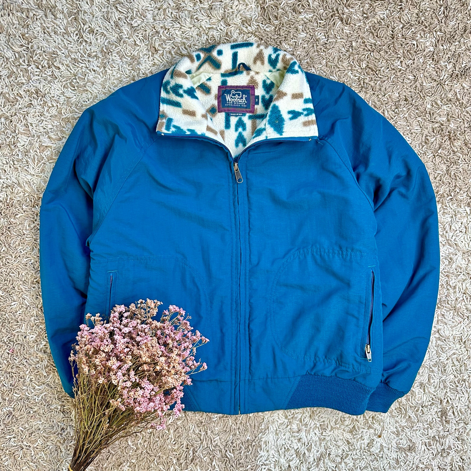90s Vintage Woolrich Blue Bomber Jacket Nylon Fleece Made In Usa Women’s Size M